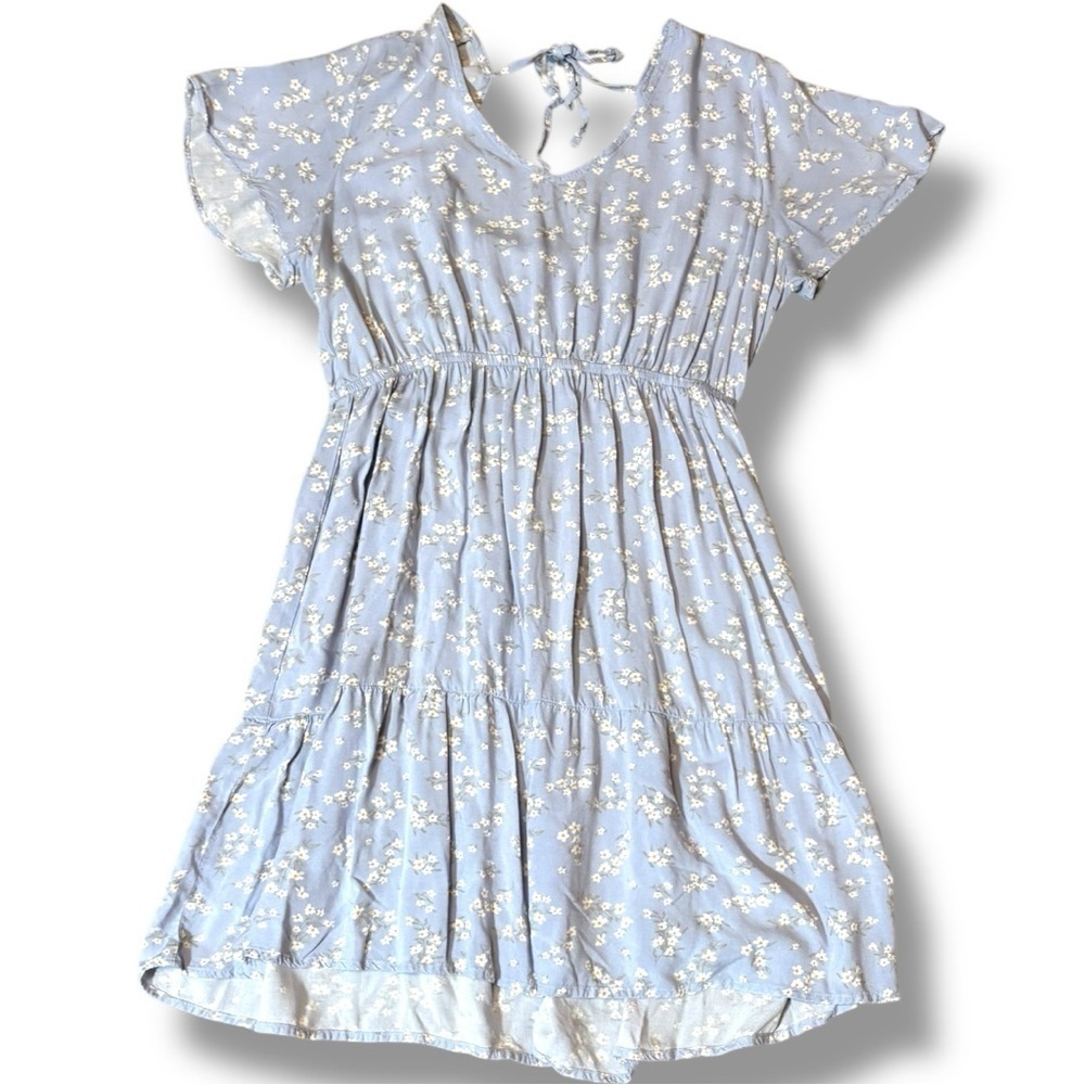 Yarn&Sea Baby Blue Floral Print Smocked Open Back Flutter Short Sleeve Sundress - Picture 12 of 16